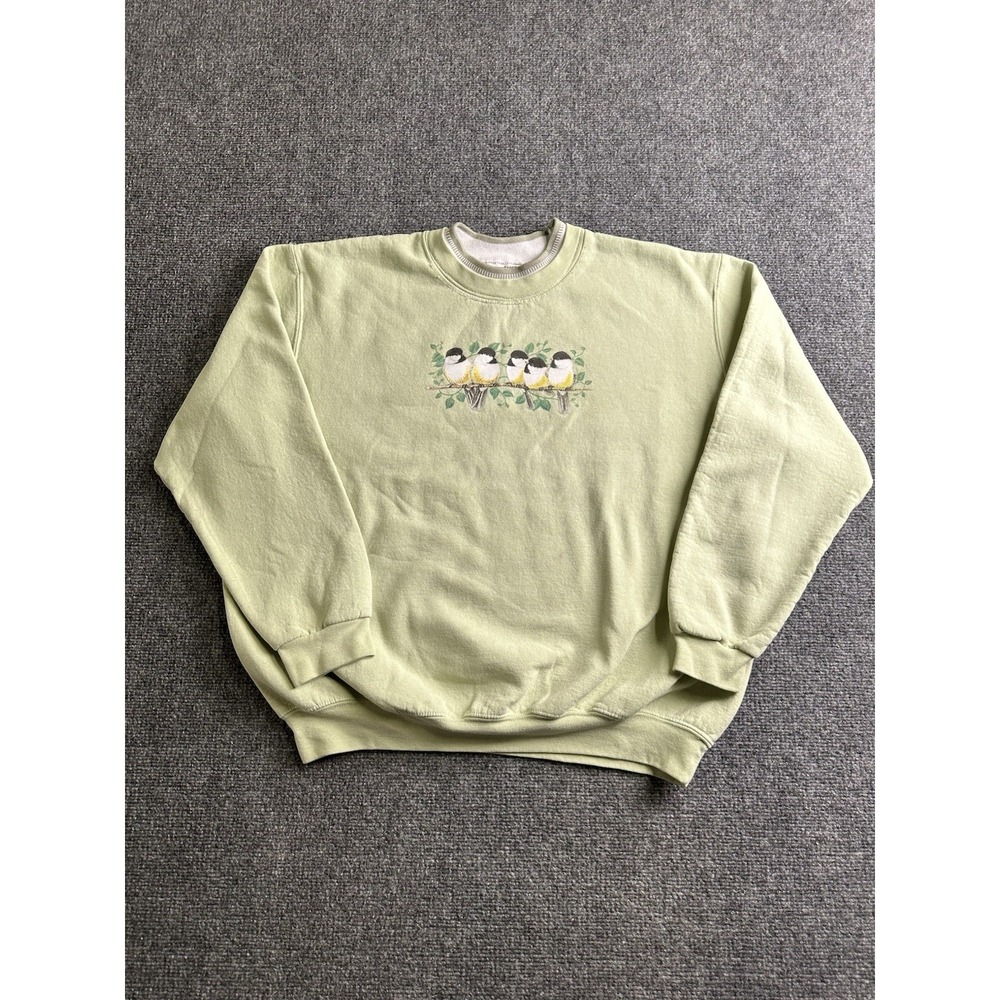 Womens Sweatshirt Country Store Chickadee Birds Embroidered Green, Size XL